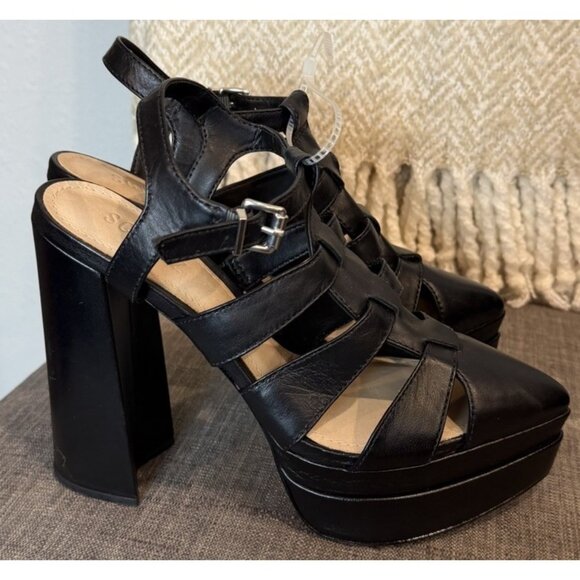 SCHUTZ 7.5 DARYL PLATFORM Deluxe Napa Black Caged Pointed Toe Heel Sandal - Picture 1 of 12